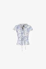 Áo kiểu họa tiết hoa phối bèo thắt nơ