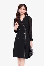 Đầm đen công sở tay dài tùng đắp chéo
