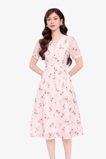 Đầm xòe hoa hồng cổ V phối nút