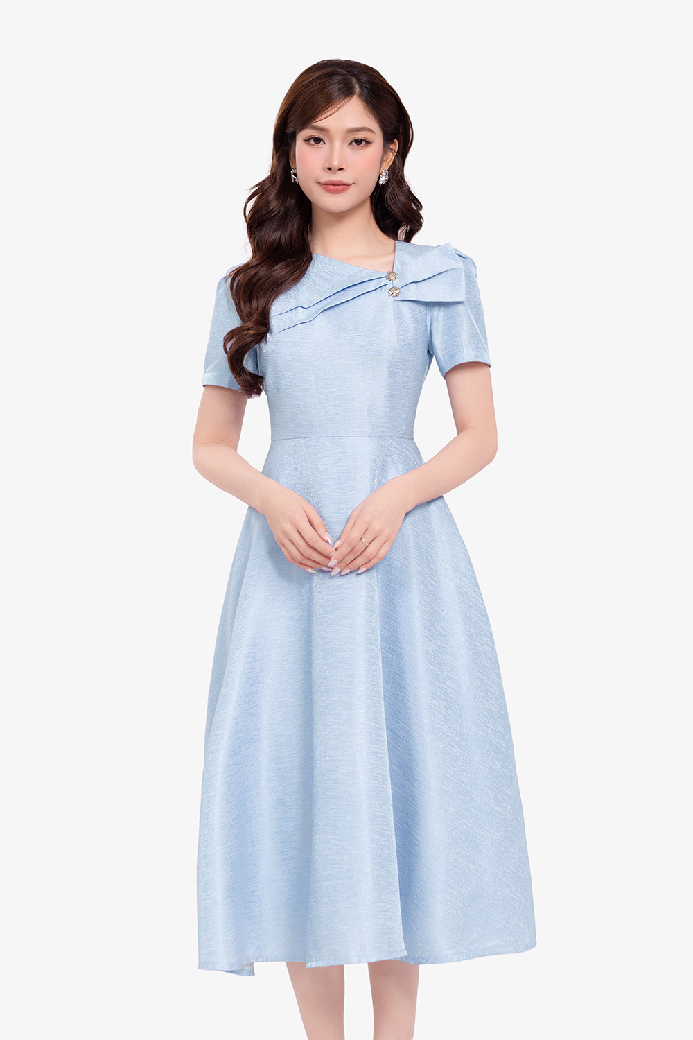 Đầm xòe tafta đính nơ màu xanh pastel
