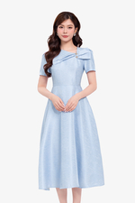 Đầm xòe tafta đính nơ màu xanh pastel