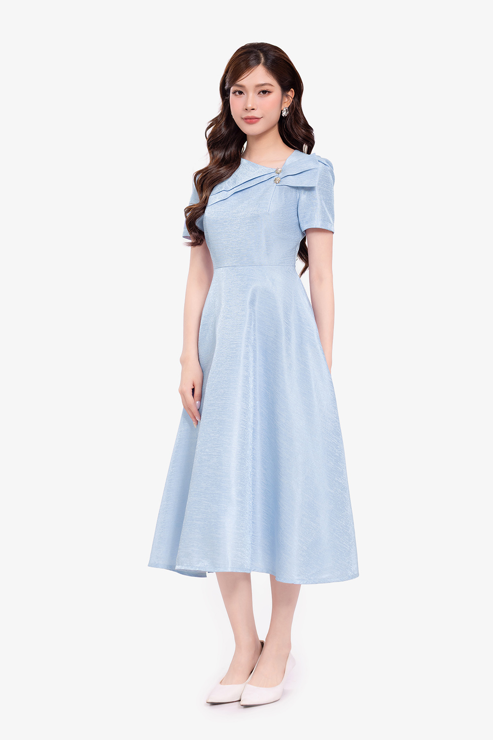 Đầm xòe tafta đính nơ màu xanh pastel