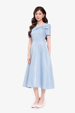 Đầm xòe tafta đính nơ màu xanh pastel