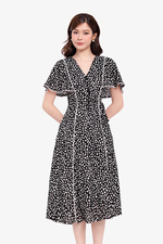 Đầm xòe chấm bi cổ V tay cánh tiên phối ren