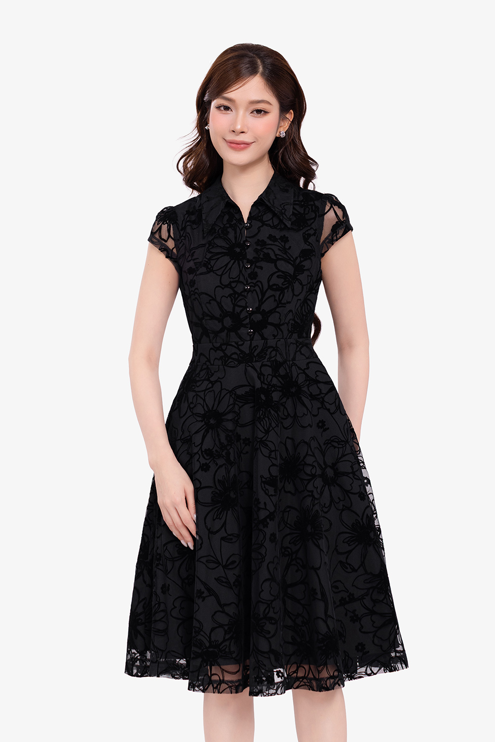 Đầm xòe đen lưới ép nhung cổ sơ mi