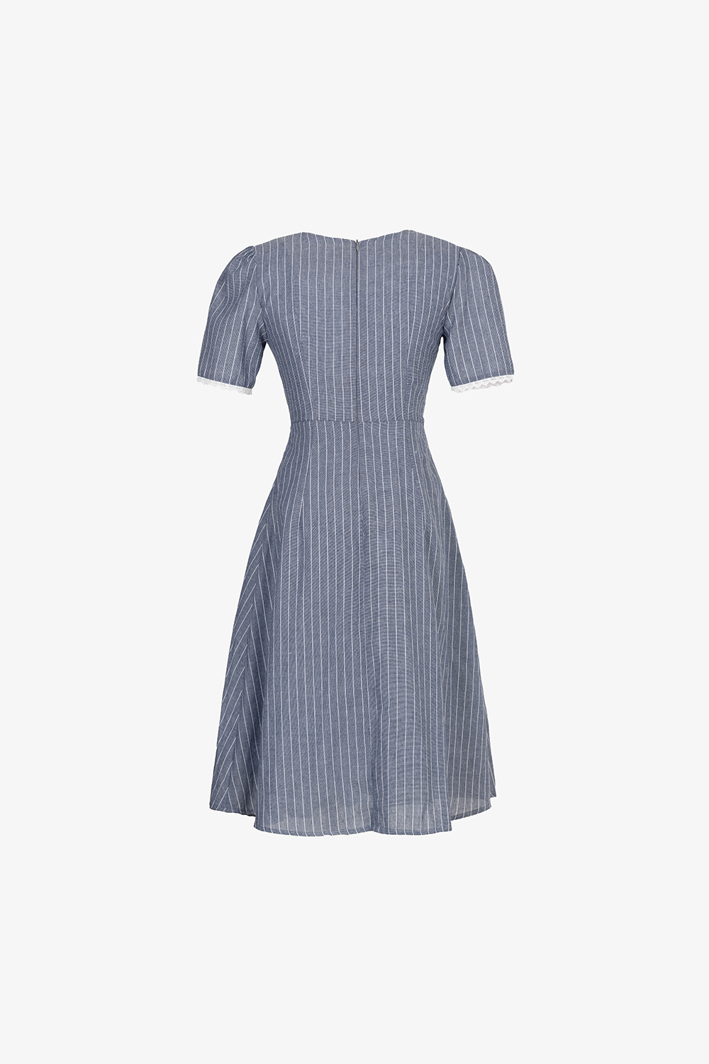Đầm linen kẻ sọc dáng chữ A cổ V phối ren