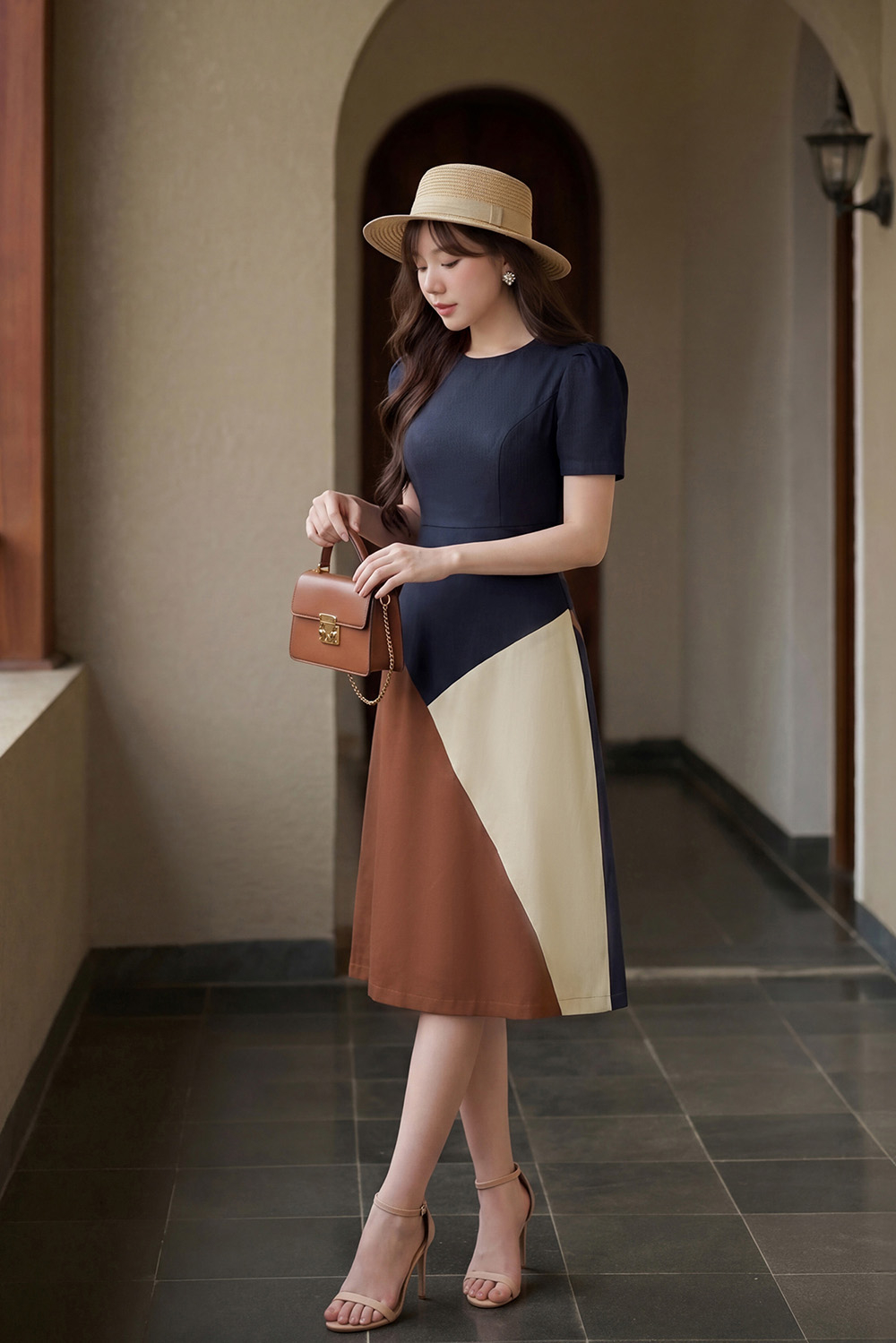 Đầm công sở dáng chữ A phối màu