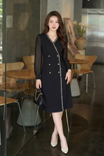 Đầm đen công sở tay dài tùng đắp chéo