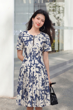 Đầm hoa dáng xòe xếp ly phối khóa kéo