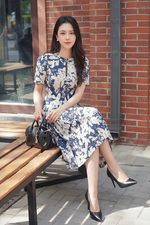 Đầm hoa dáng xòe xếp ly phối khóa kéo
