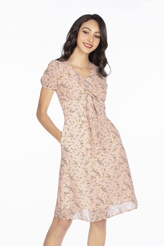 Váy xòe hoa công sở đẹp phối nơ KK96-22