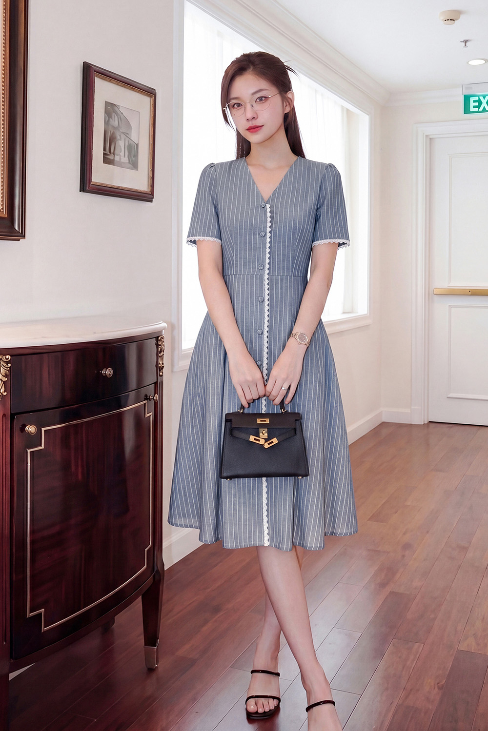 Đầm linen kẻ sọc dáng chữ A cổ V phối ren