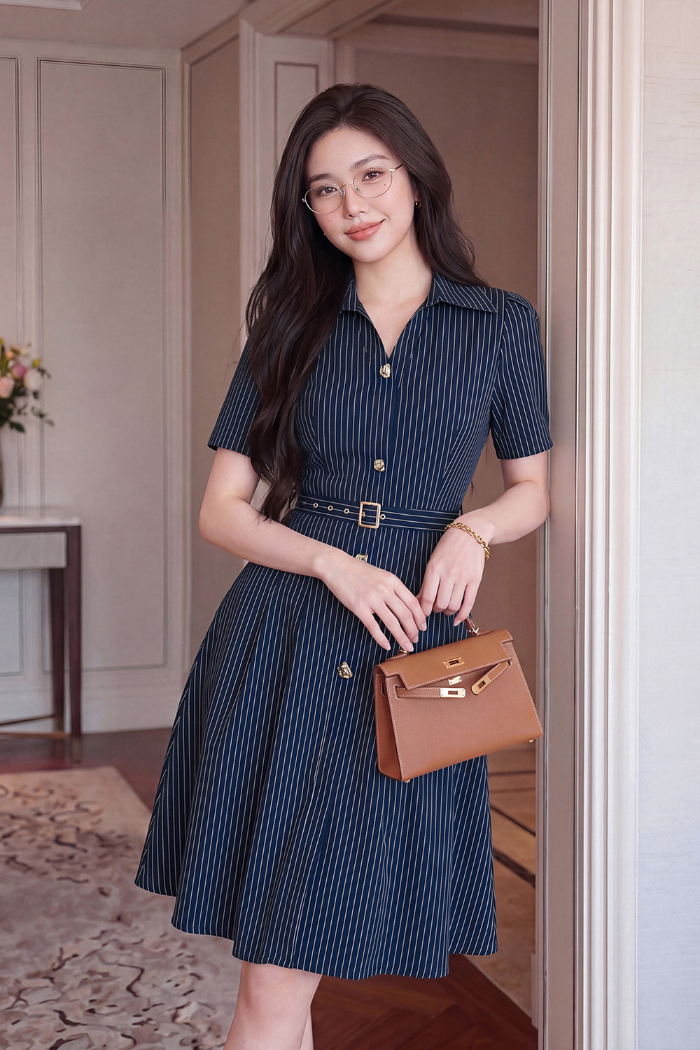 Đầm sơ mi kẻ sọc dáng xòe kèm belt