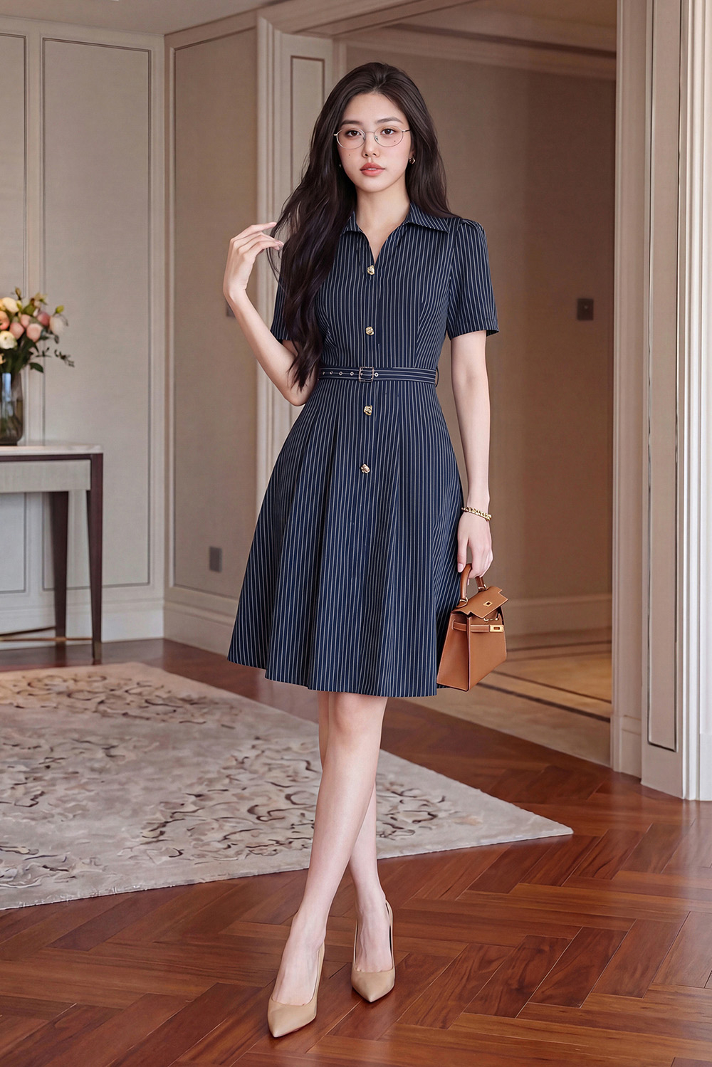 Đầm sơ mi kẻ sọc dáng xòe kèm belt