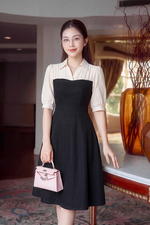 Đầm xòe đen phối kem cổ sơ mi