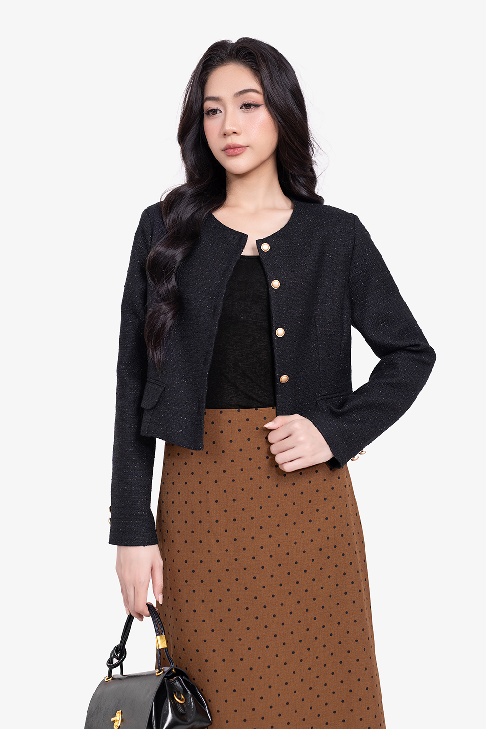 Áo khoác tweed nữ màu đen phối nút đồng