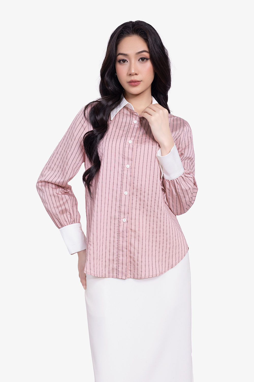 Áo sơ mi công sở kẻ sọc phối cổ trắng