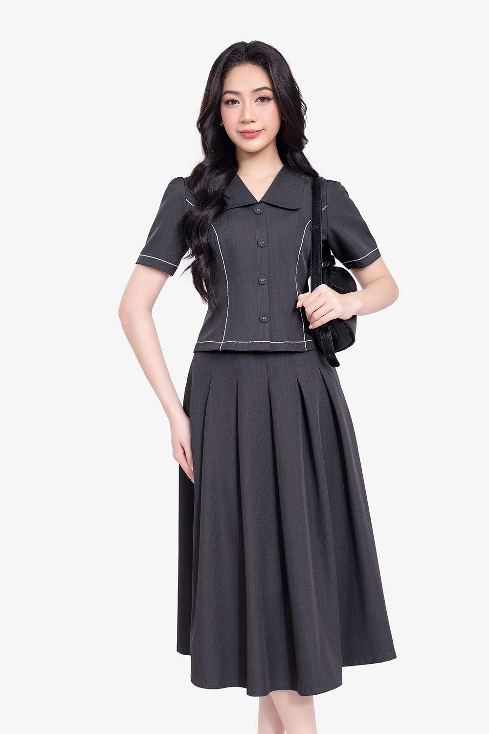 Chân váy xếp ly xám dáng dài midi