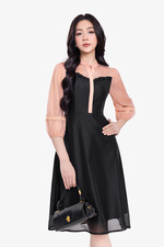 Đầm đen dáng xòe phối màu cam tay lỡ