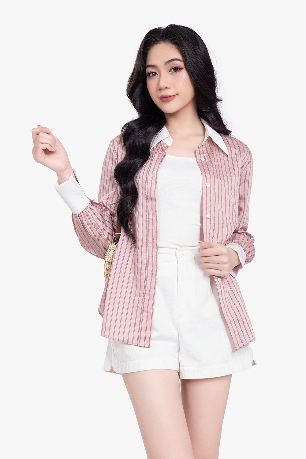 Áo sơ mi công sở kẻ sọc phối cổ trắng