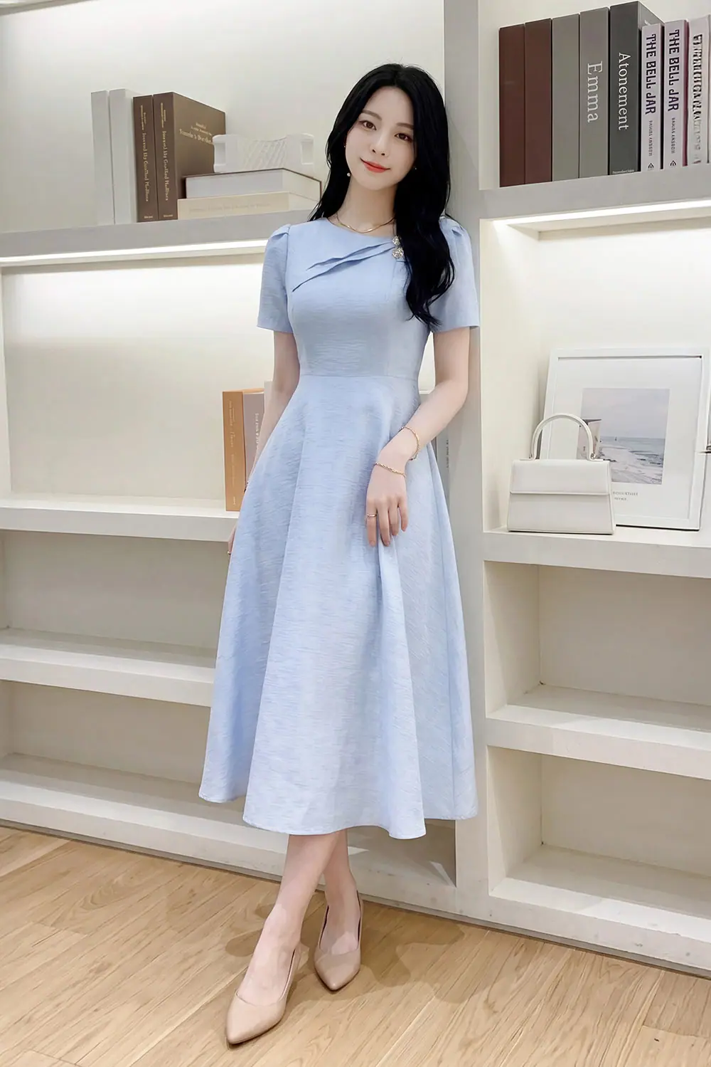 Đầm xòe tafta dự tiệc đính nơ màu xanh pastel