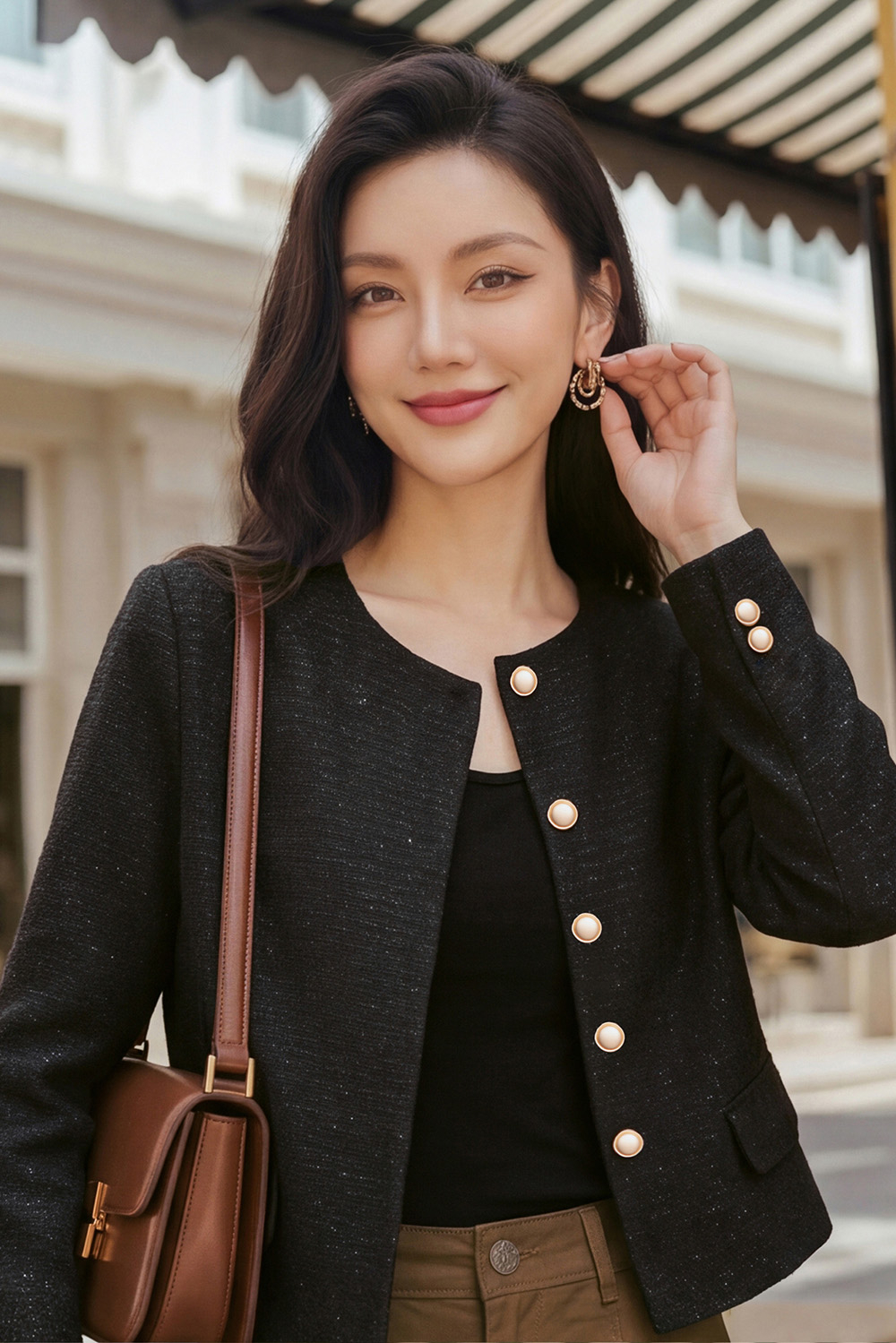 Áo khoác tweed nữ màu đen phối nút đồng