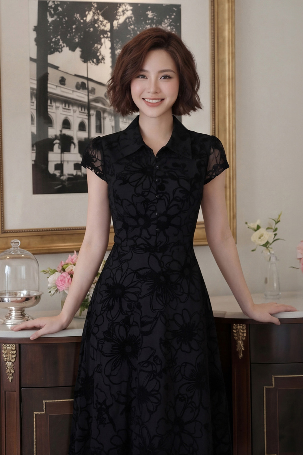 Đầm xòe đen lưới ép nhung cổ sơ mi