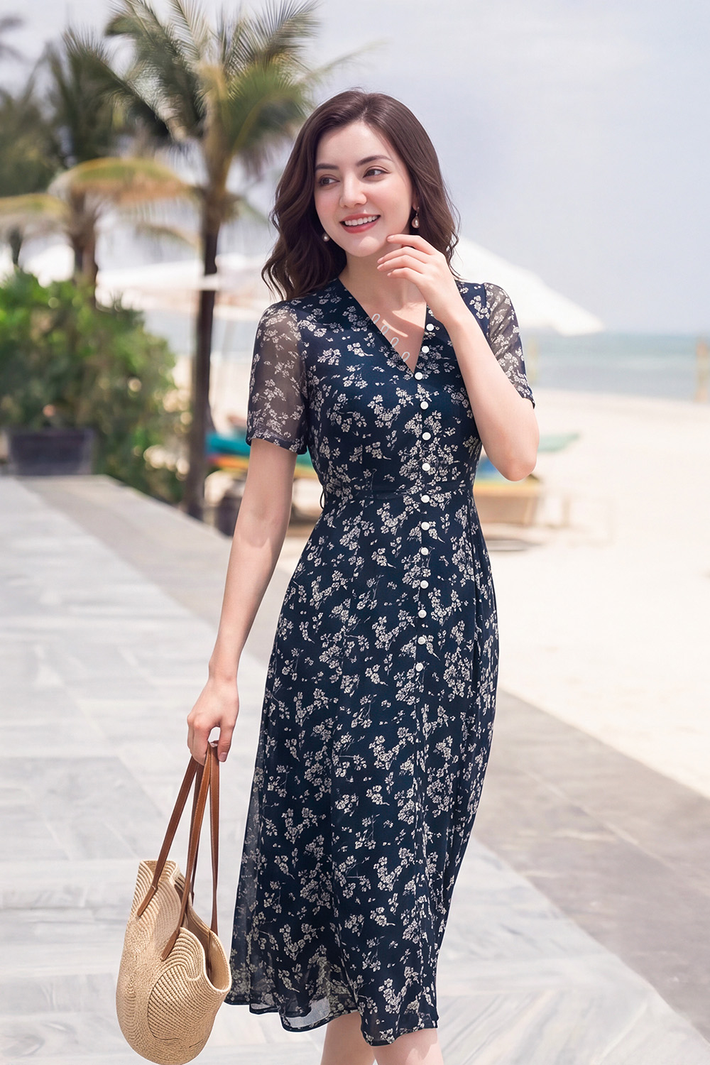 Đầm hoa xanh dáng xòe cổ V