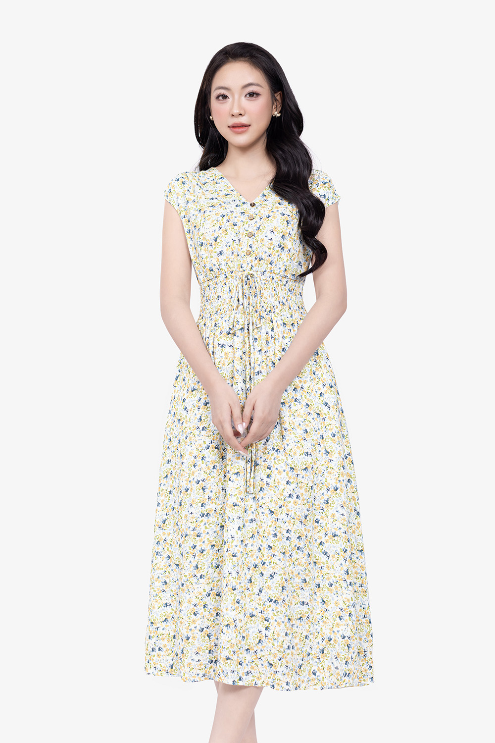 Đầm xòe hoa nhí cổ V eo bo chun