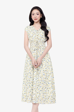 Đầm xòe hoa nhí cổ V eo bo chun