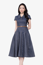 Đầm denim dáng xòe viền chỉ