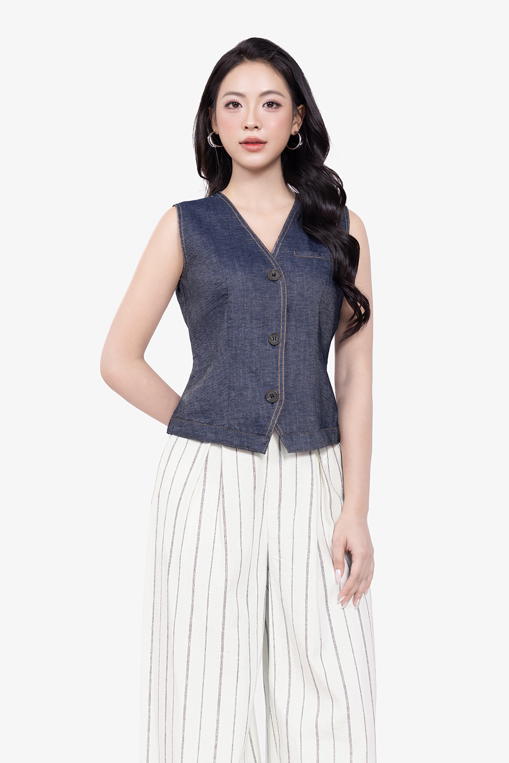 Áo gile jean denim màu xanh đậm