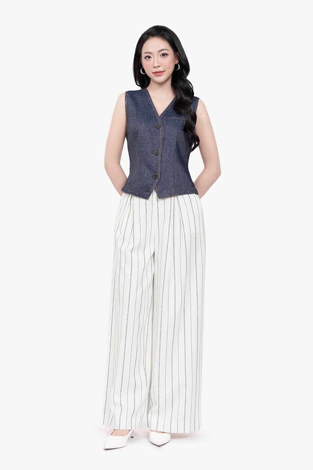 Áo gile jean denim màu xanh đậm
