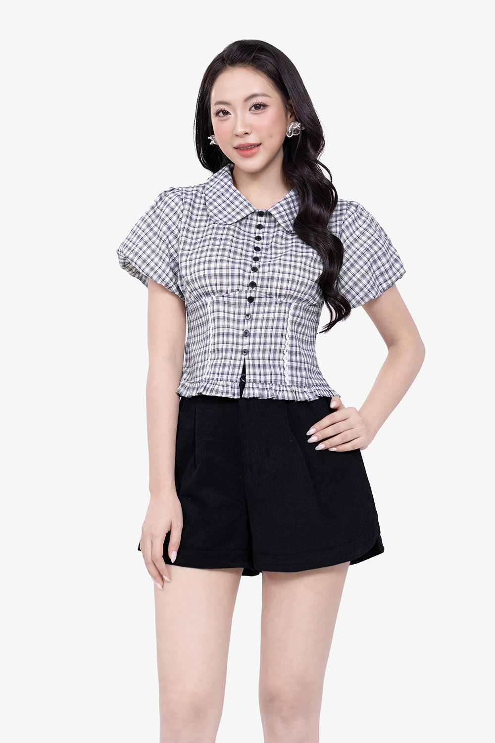 Áo kiểu caro cổ sen tay phồng