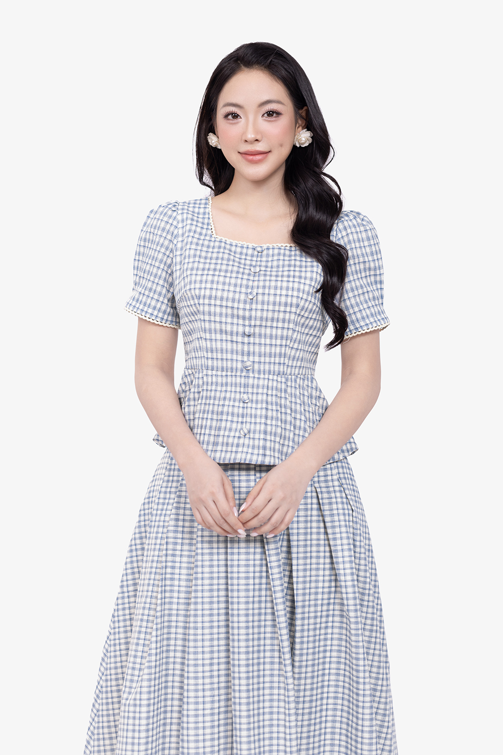 Áo kiểu caro xanh tay phồng cổ vuông