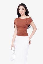 Áo thun gân kẻ sọc màu cam phối nơ rút