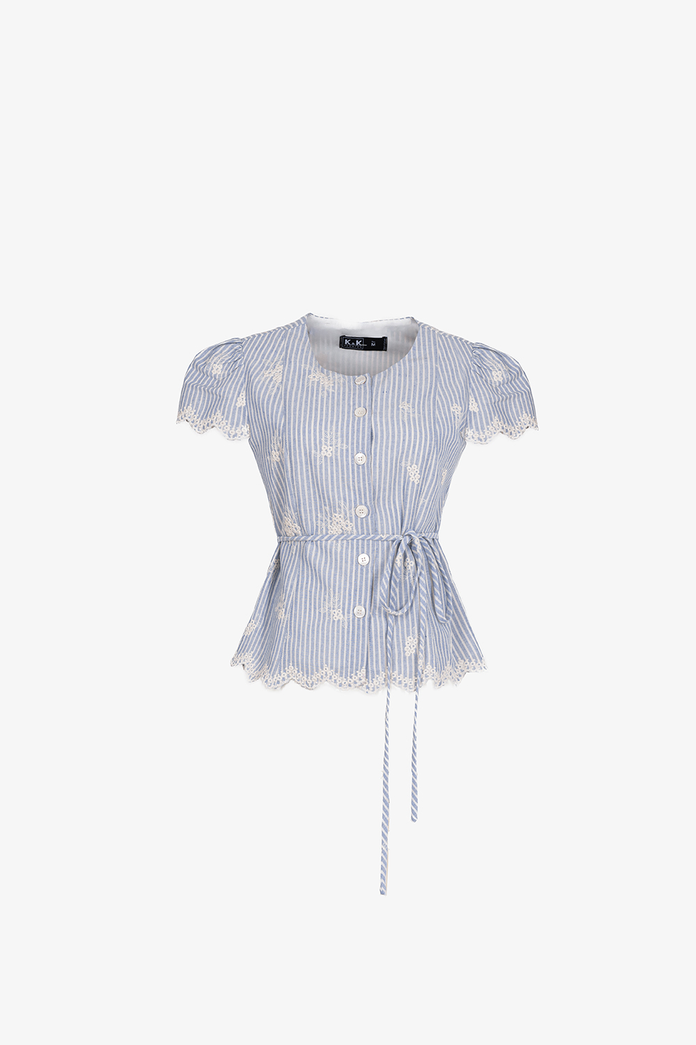Áo kiểu linen sọc thêu phối ren