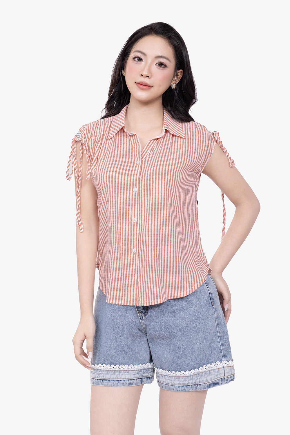 Áo kiểu sơ mi kẻ sọc hồng