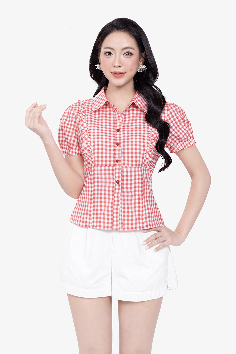 Áo sơ mi nữ họa tiết caro phối bèo