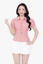 Áo sơ mi nữ họa tiết caro phối bèo