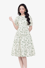 Đầm hoa xanh cổ tròn dáng xòe phối ren