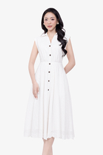 Đầm trắng sơ mi dáng xòe xếp ly eo