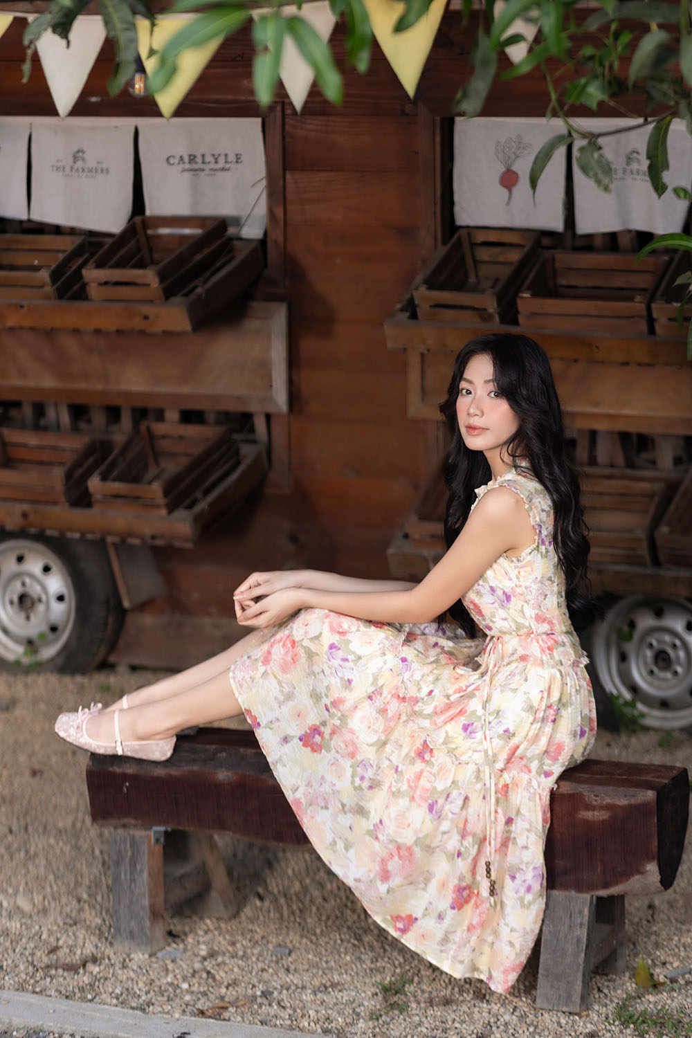 Đầm tơ in hoa dáng xòe phối nút HL34-25