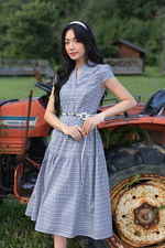 Đầm xòe 2 tầng họa tiết caro xanh