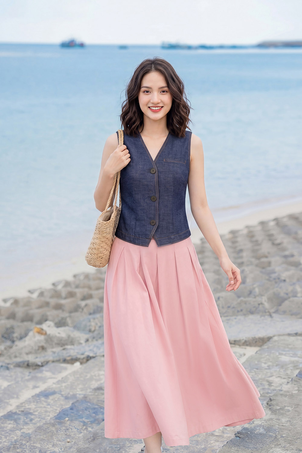 Áo gile jean denim màu xanh đậm