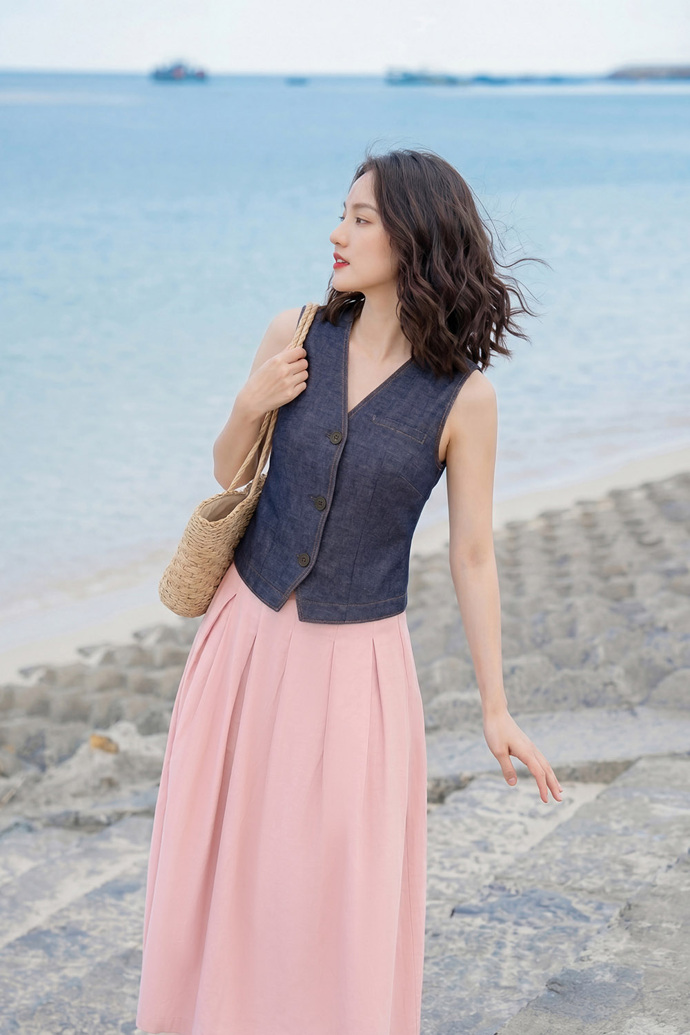 Áo gile jean denim màu xanh đậm