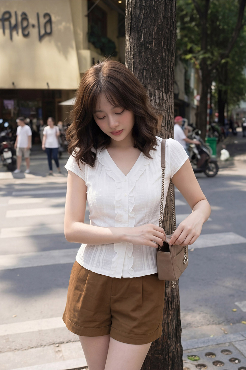 Áo kiểu màu trắng cổ chữ V viền bèo