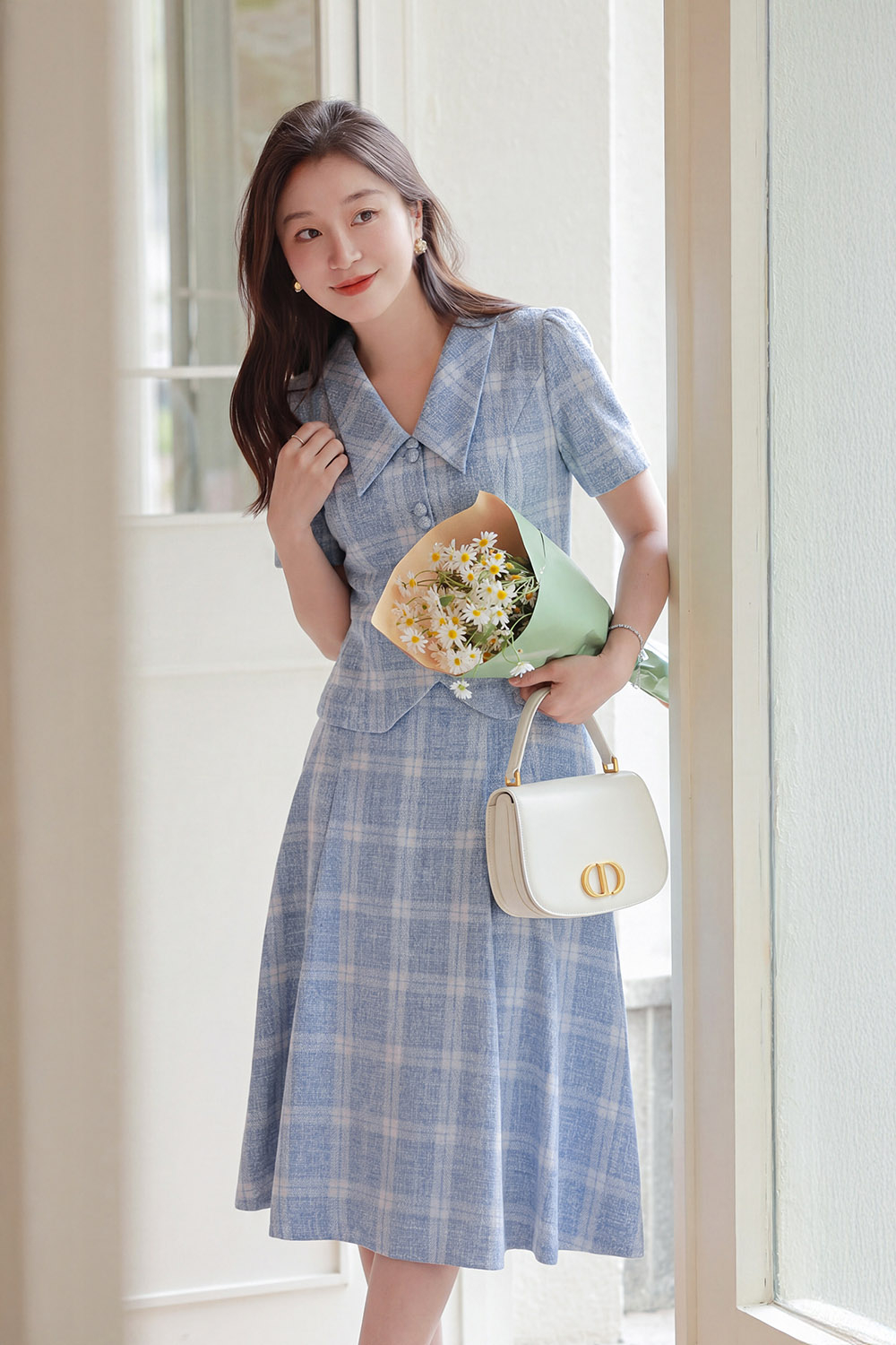 Chân váy xòe họa tiết caro màu xanh
