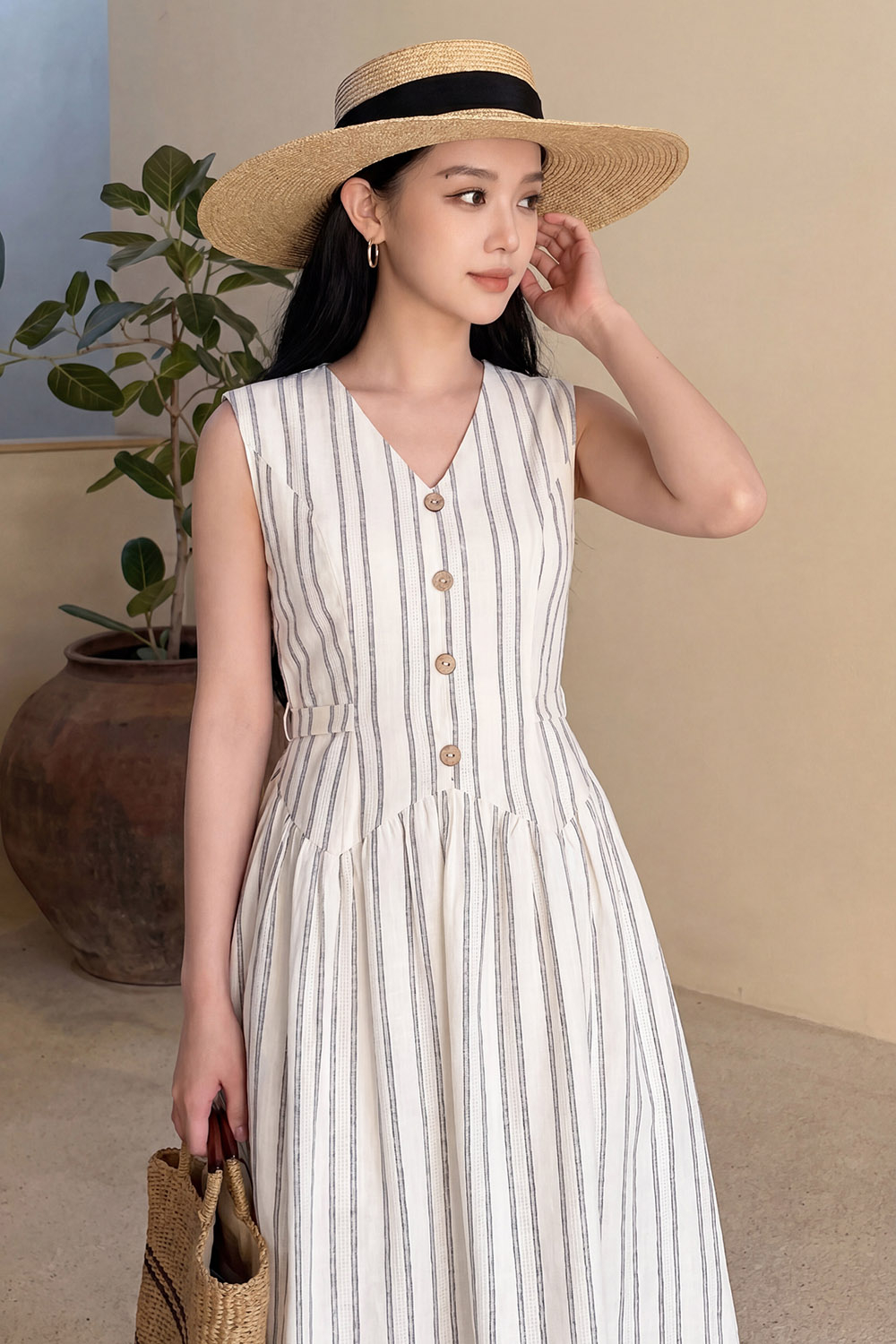 Đầm chữ A linen kẻ sọc