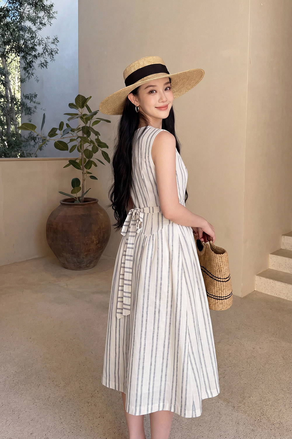 Đầm chữ A linen kẻ sọc